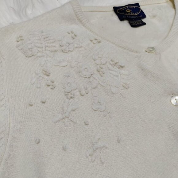 Chelsea Cambell Charter Club White Cashmere Cardigan Floral Embroidery Large - Picture 4 of 10